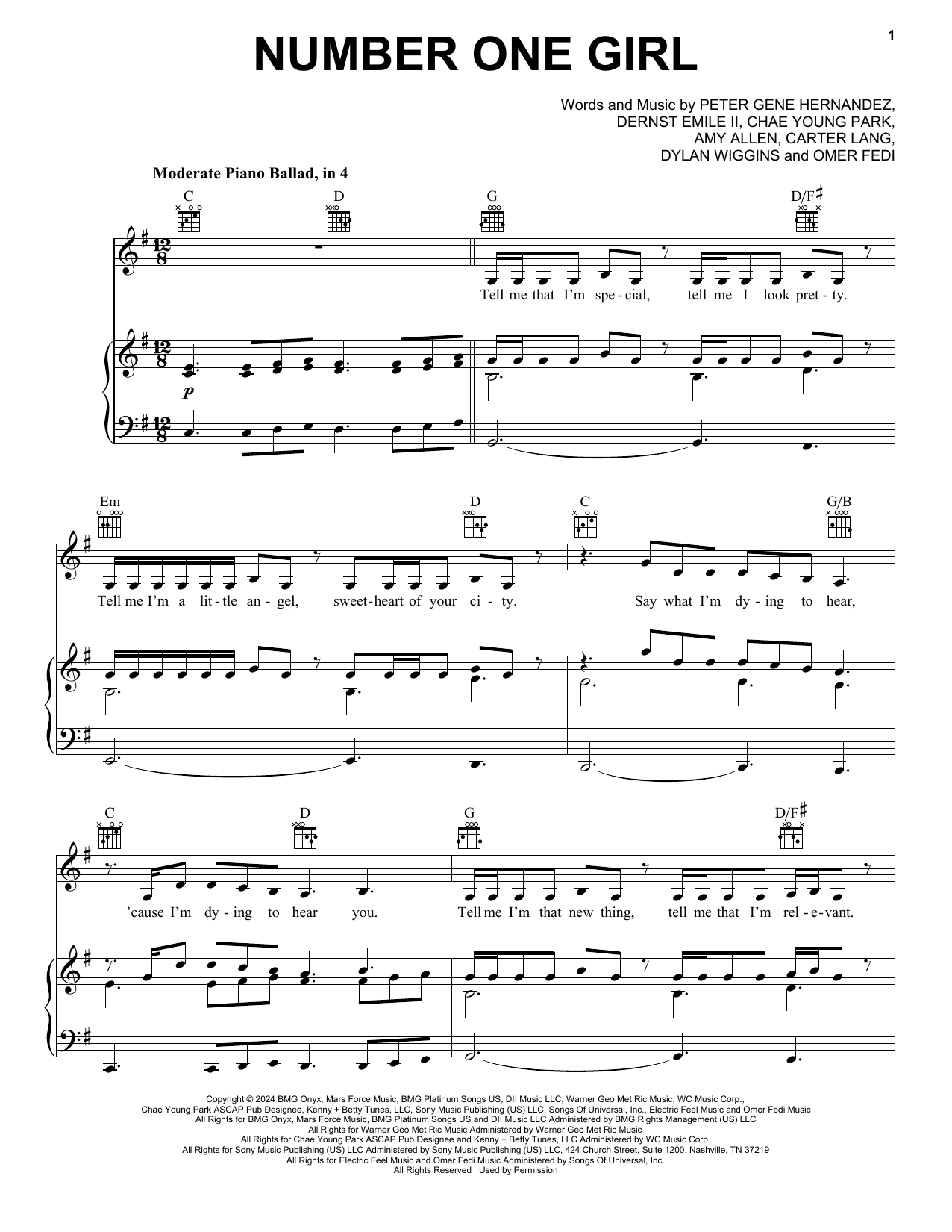 Download ROSÉ number one girl Sheet Music and learn how to play Piano, Vocal & Guitar Chords (Right-Hand Melody) PDF digital score in minutes