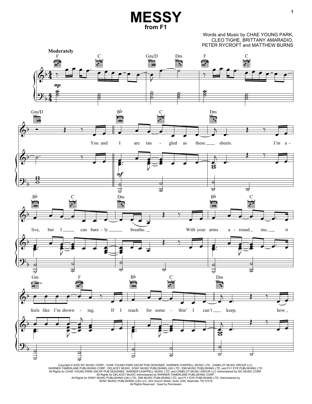 Download Rosé Messy (from F1: The Movie) Sheet Music and learn how to play Piano, Vocal & Guitar Chords (Right-Hand Melody) PDF digital score in minutes