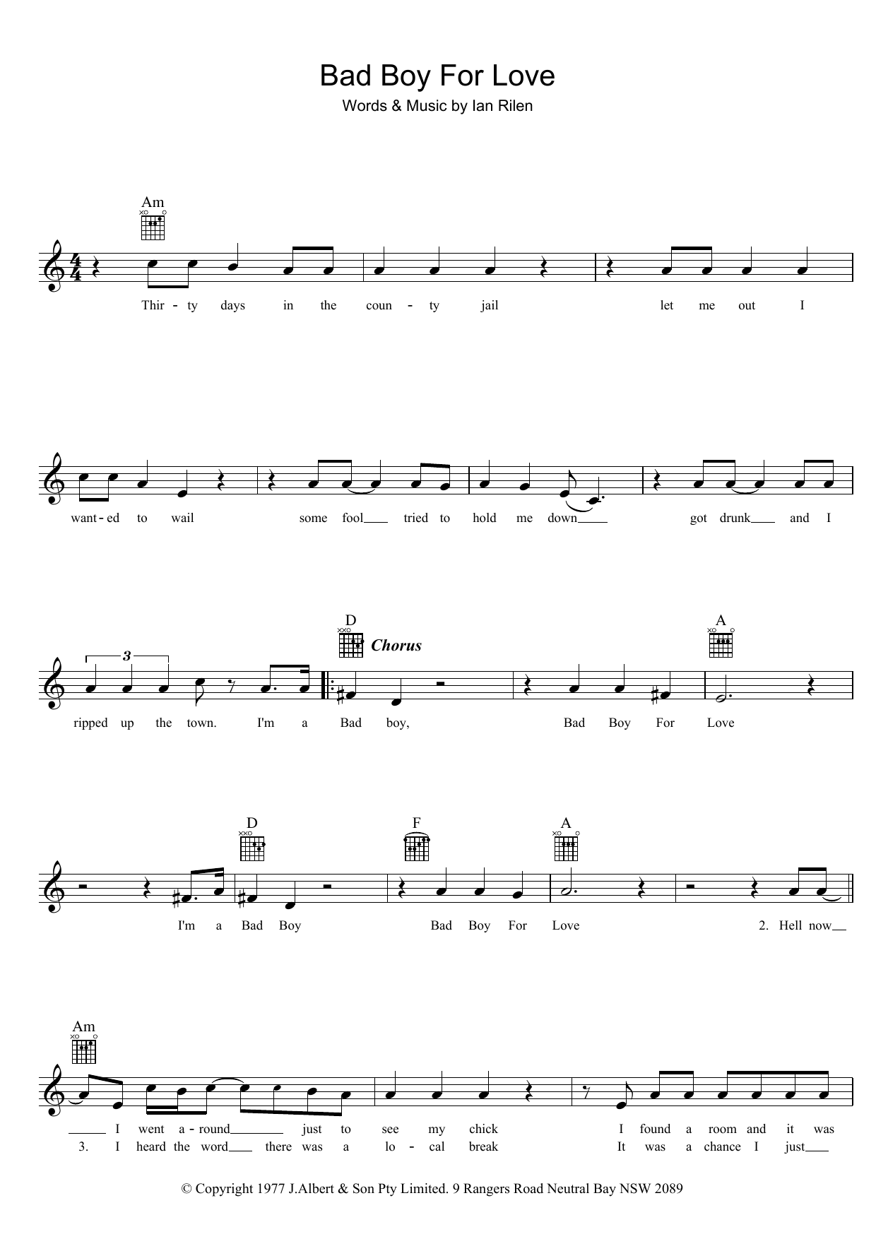 Download Rose Tattoo Bad Boy For Love Sheet Music and learn how to play Melody Line, Lyrics & Chords PDF digital score in minutes