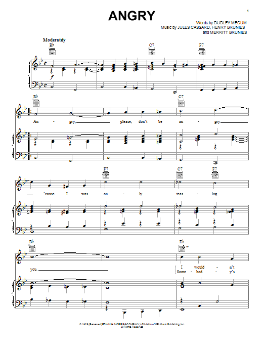 Download Rosemary Clooney Angry Sheet Music and learn how to play Piano, Vocal & Guitar (Right-Hand Melody) PDF digital score in minutes