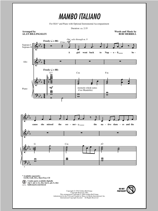 Download Rosemary Clooney Mambo Italiano (arr. Alan Billingsley) Sheet Music and learn how to play SSA PDF digital score in minutes