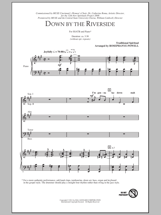 Download Traditional Spiritual Down By The Riverside (arr. Rosephanye Powell) Sheet Music and learn how to play SATB PDF digital score in minutes