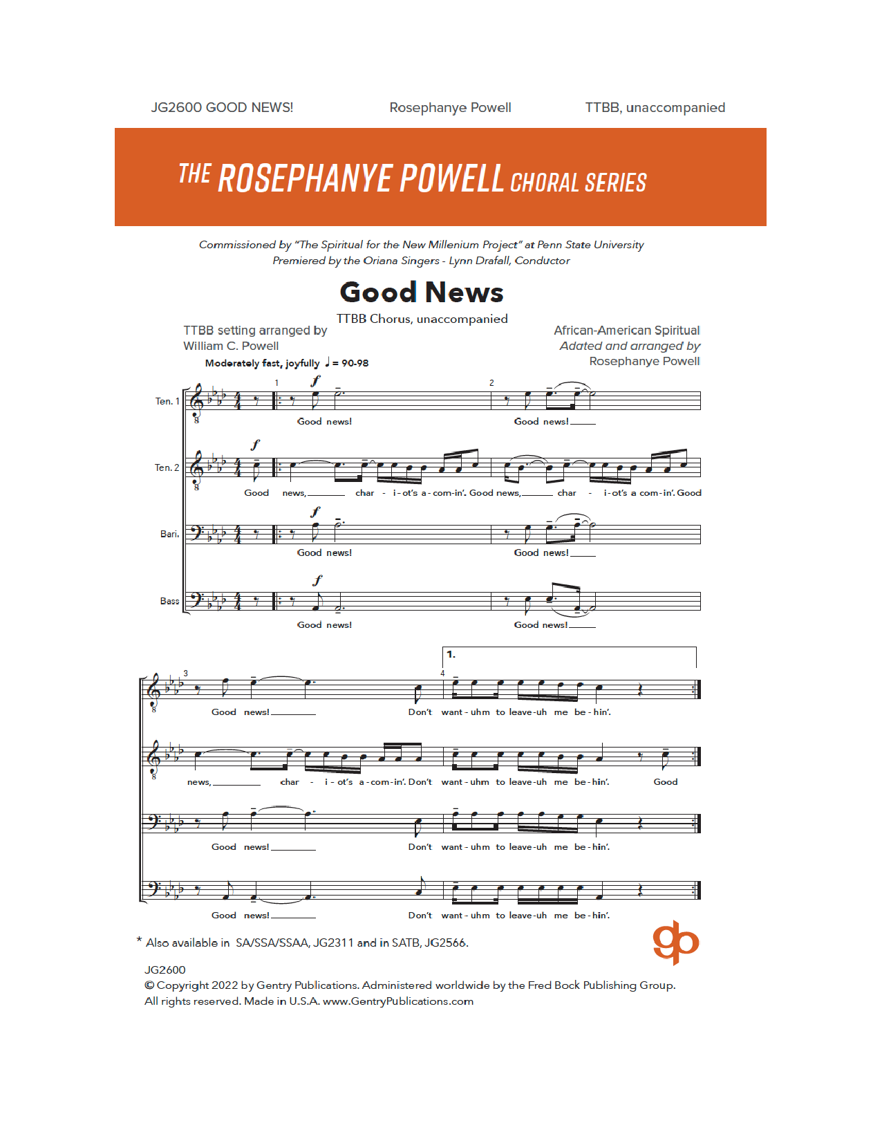Download Rosephanye Powell Good News Sheet Music and learn how to play TTBB Choir PDF digital score in minutes