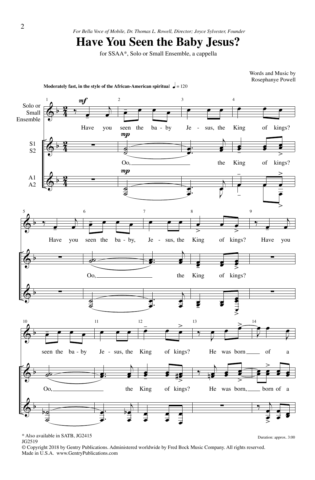 Download Rosephanye Powell Have You Seen The Baby Jesus Sheet Music and learn how to play SSA Choir PDF digital score in minutes