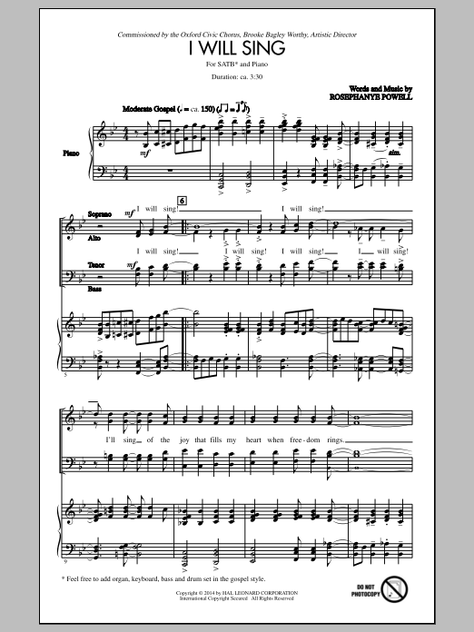 Download Rosephanye Powell I Will Sing Sheet Music and learn how to play SATB PDF digital score in minutes