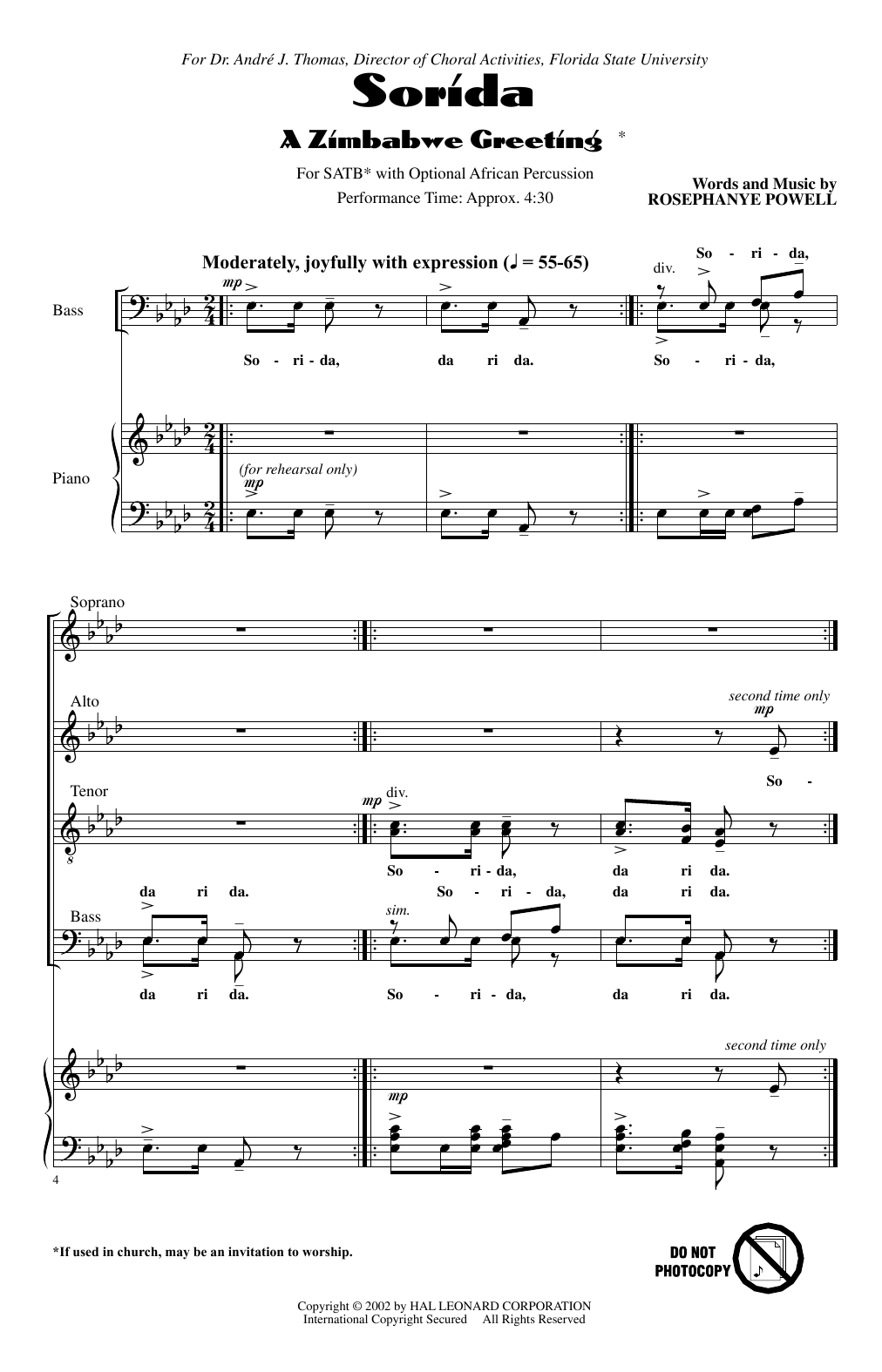 Download Rosephanye Powell Sorida (A Zimbabwe Greeting) Sheet Music and learn how to play SATB Choir PDF digital score in minutes