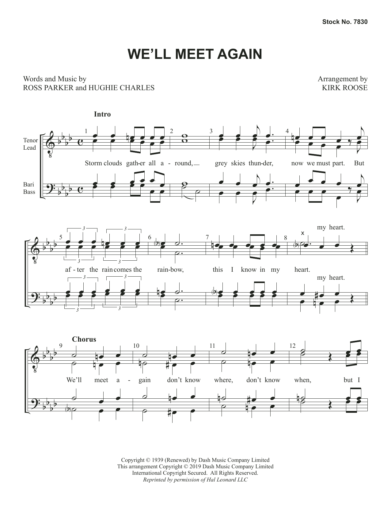 Download Ross Parker and Hughie Charles We'll Meet Again (arr. Kirk Roose) Sheet Music and learn how to play TTBB Choir PDF digital score in minutes