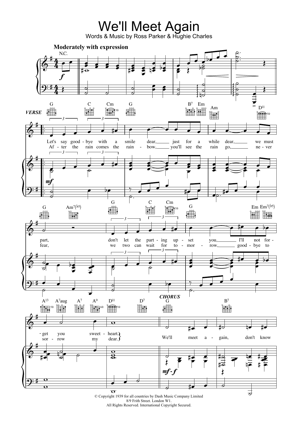Download Ross Parker & Hughie Charles We'll Meet Again Sheet Music and learn how to play Piano, Vocal & Guitar (Right-Hand Melody) PDF digital score in minutes