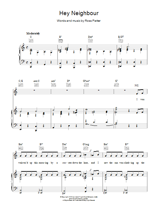 Download Ross Parker Hey Neighbour Sheet Music and learn how to play Piano, Vocal & Guitar (Right-Hand Melody) PDF digital score in minutes