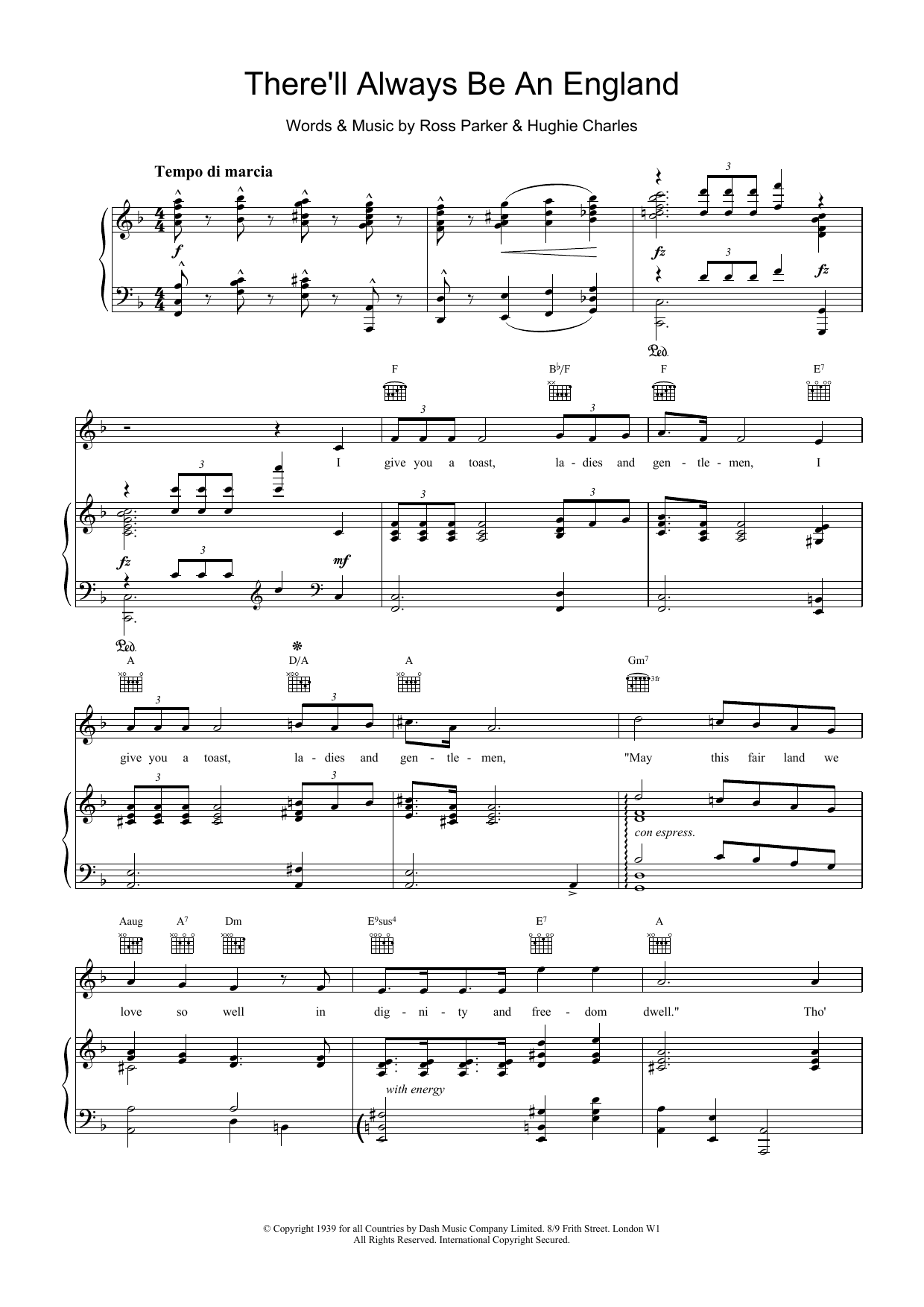 Download Ross Parker There'll Always Be An England Sheet Music and learn how to play Piano, Vocal & Guitar (Right-Hand Melody) PDF digital score in minutes