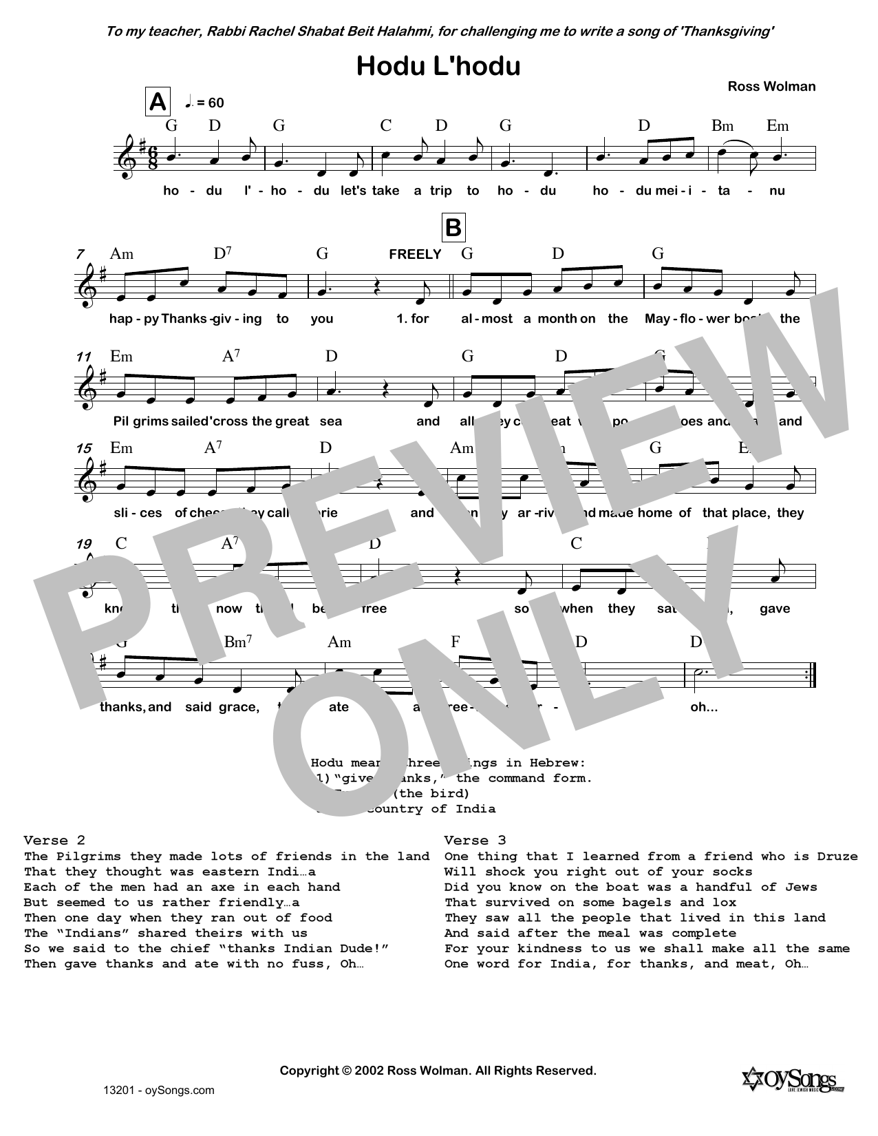 Download Ross Wolman Hodu L'hodu Sheet Music and learn how to play Melody Line, Lyrics & Chords PDF digital score in minutes