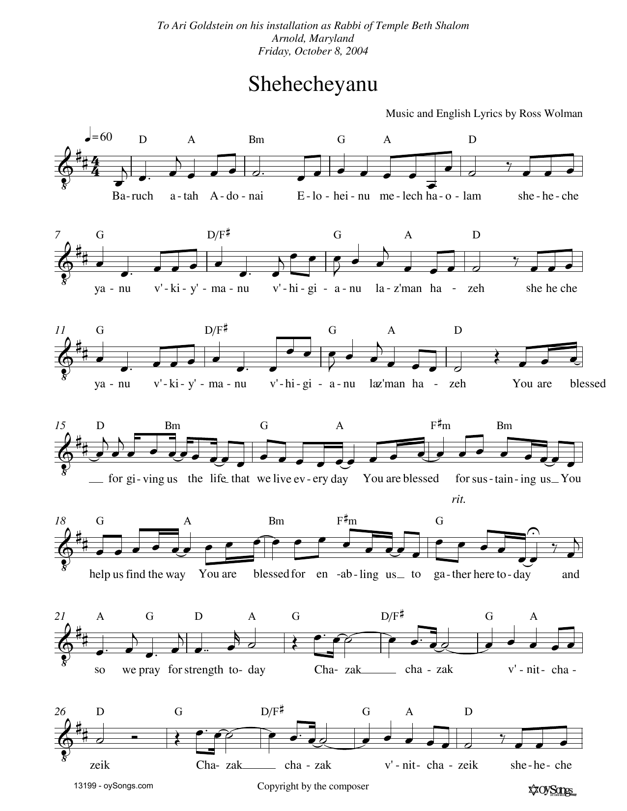 Download Ross Wolman Shehechaynu Sheet Music and learn how to play Melody Line, Lyrics & Chords PDF digital score in minutes