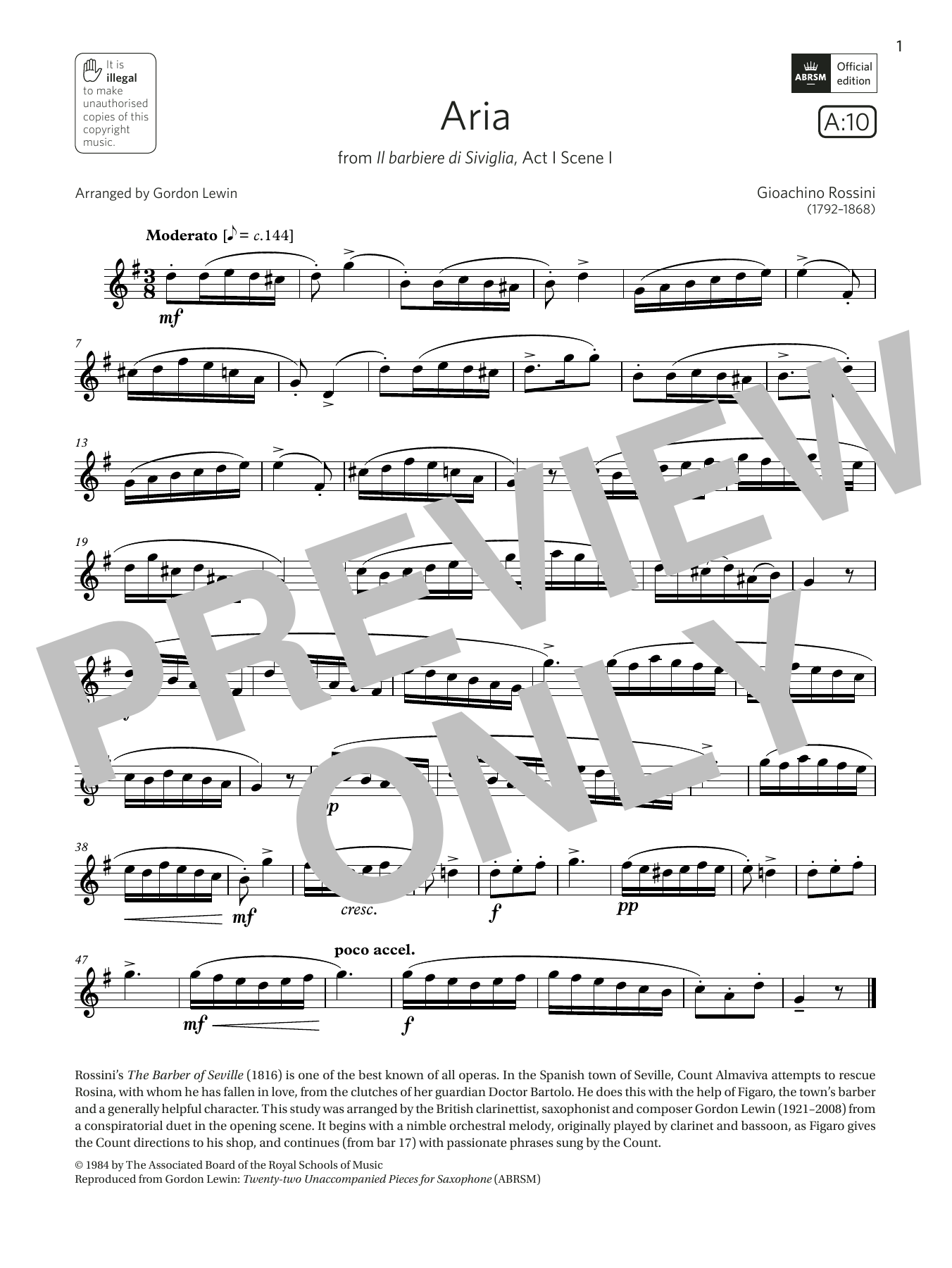 Download Rossini Aria (from Il barbiere di Siviglia) (Grade 5 List A10 from the ABRSM Saxophone Sheet Music and learn how to play Alto Sax Solo PDF digital score in minutes