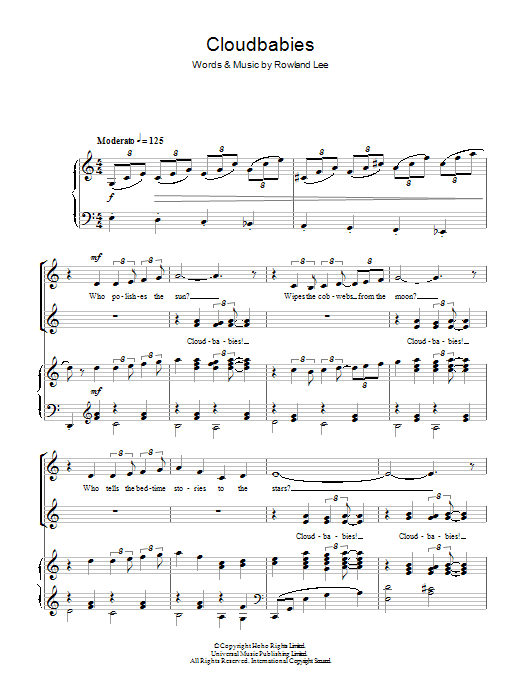 Download Rowland Lee Cloudbabies Theme Sheet Music and learn how to play Piano, Vocal & Guitar (Right-Hand Melody) PDF digital score in minutes