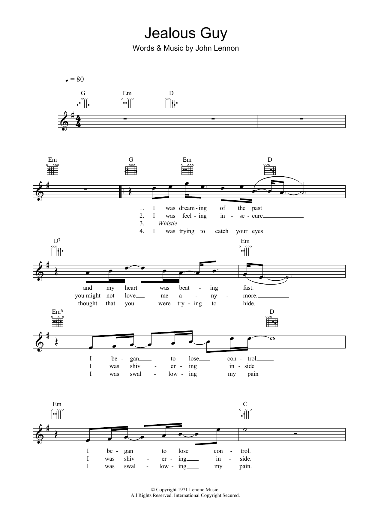 Download Roxy Music Jealous Guy Sheet Music and learn how to play Melody Line, Lyrics & Chords PDF digital score in minutes