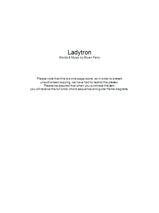 Download Roxy Music Ladytron Sheet Music and learn how to play Lyrics & Chords PDF digital score in minutes