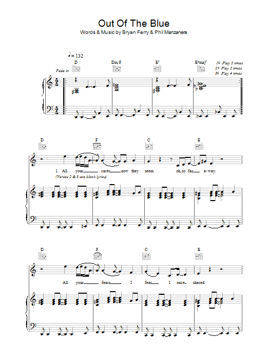 Download Roxy Music Out Of The Blue Sheet Music and learn how to play Piano, Vocal & Guitar PDF digital score in minutes