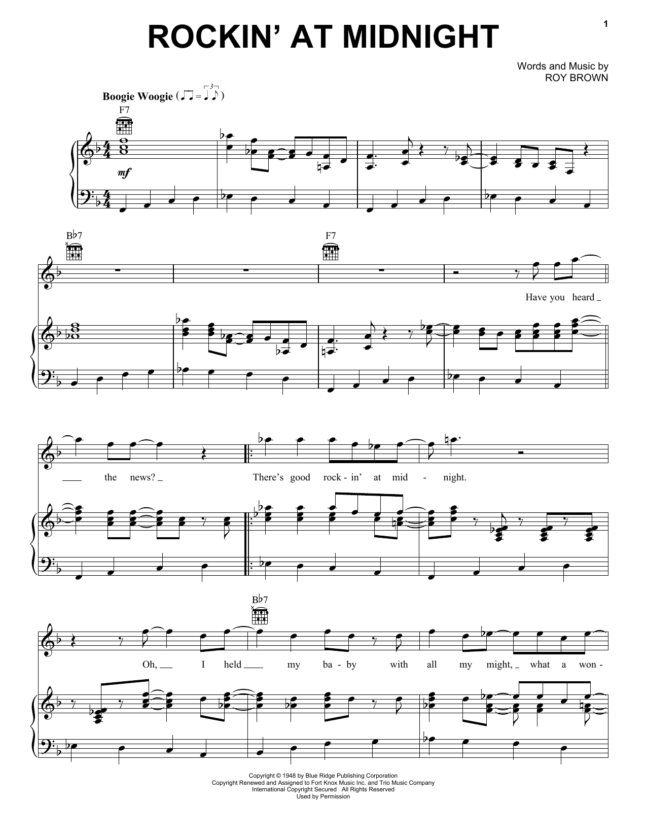 Download Roy Brown Rockin' At Midnight Sheet Music and learn how to play Piano, Vocal & Guitar Chords (Right-Hand Melody) PDF digital score in minutes