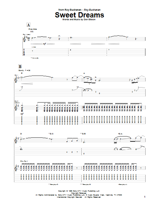 Download Roy Buchanan Sweet Dreams Sheet Music and learn how to play Guitar Tab PDF digital score in minutes