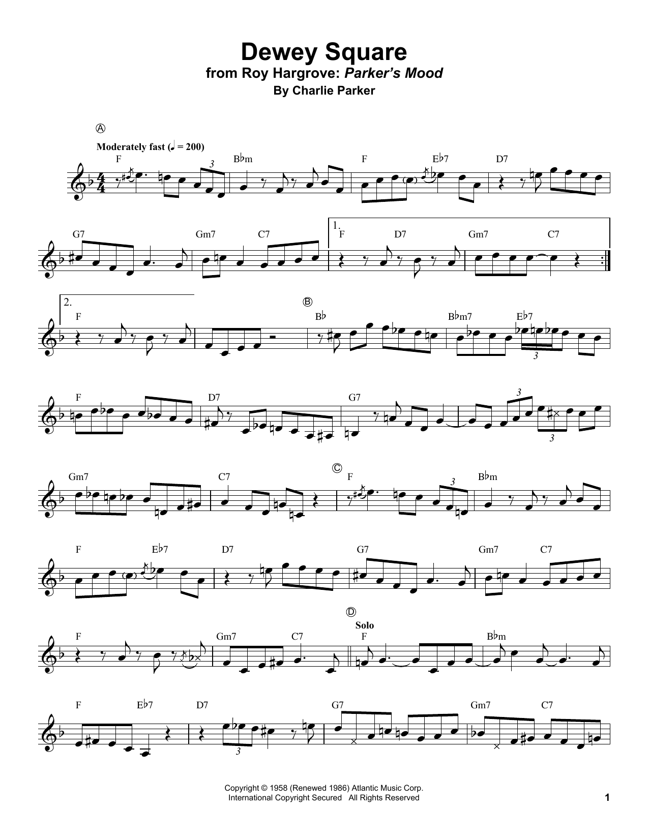 Download Charlie Parker Dewey Square Sheet Music and learn how to play Trumpet Transcription PDF digital score in minutes