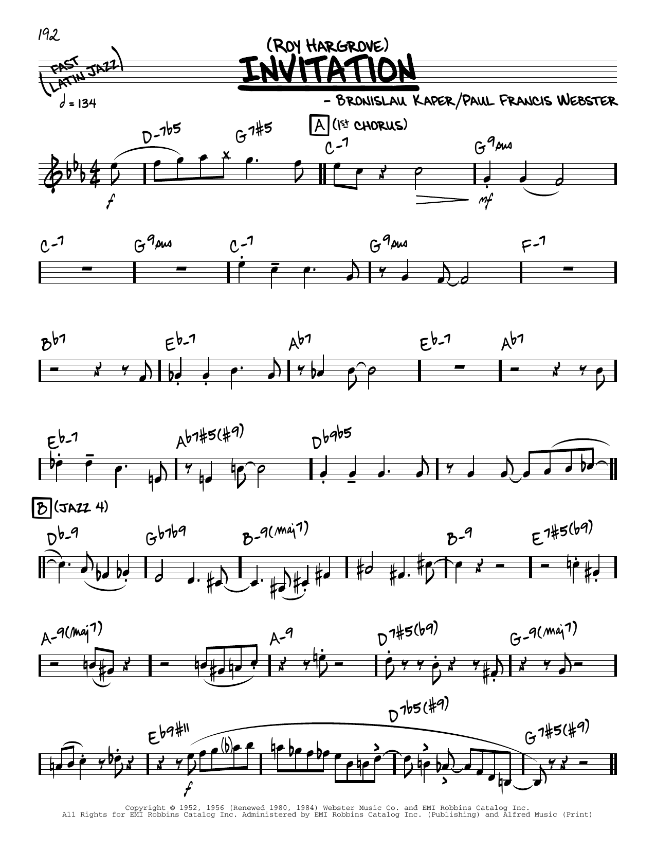 Download Roy Hargrove Invitation (solo only) Sheet Music and learn how to play Real Book – Melody & Chords PDF digital score in minutes
