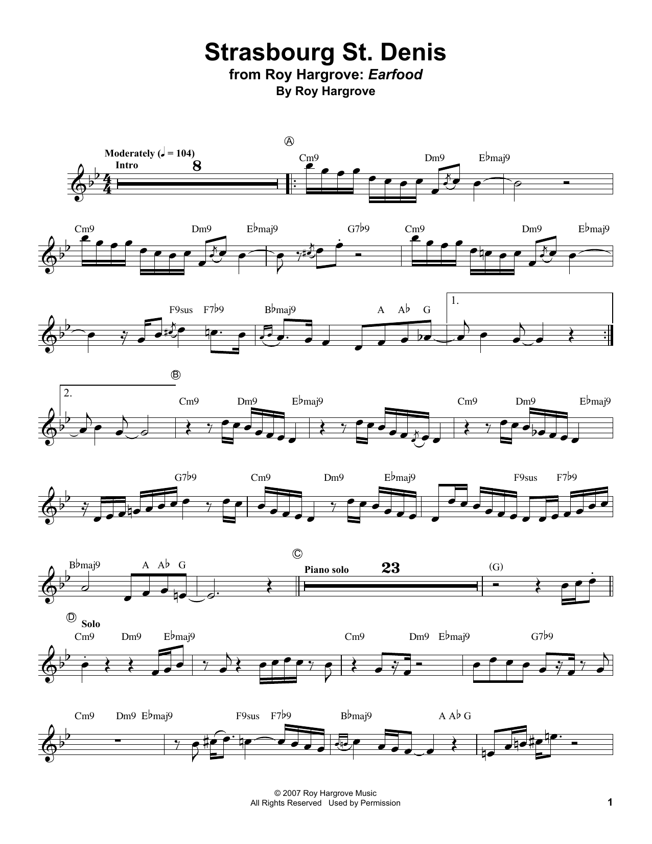 Download Roy Hargrove Strasbourg / St. Denis Sheet Music and learn how to play Trumpet Transcription PDF digital score in minutes