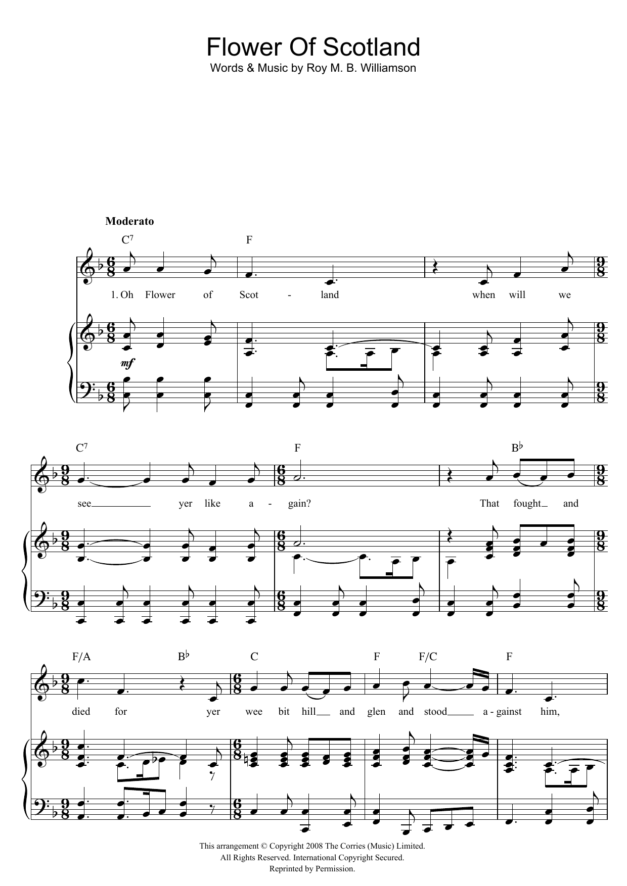 Download Roy M. B. Williamson Flower Of Scotland (Unofficial Scottish National Anthem) Sheet Music and learn how to play Piano, Vocal & Guitar (Right-Hand Melody) PDF digital score in minutes