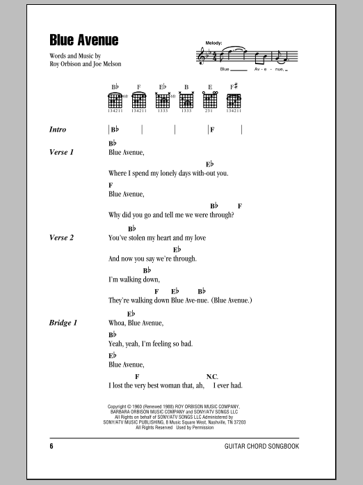Download Roy Orbison Blue Avenue Sheet Music and learn how to play Lyrics & Chords PDF digital score in minutes