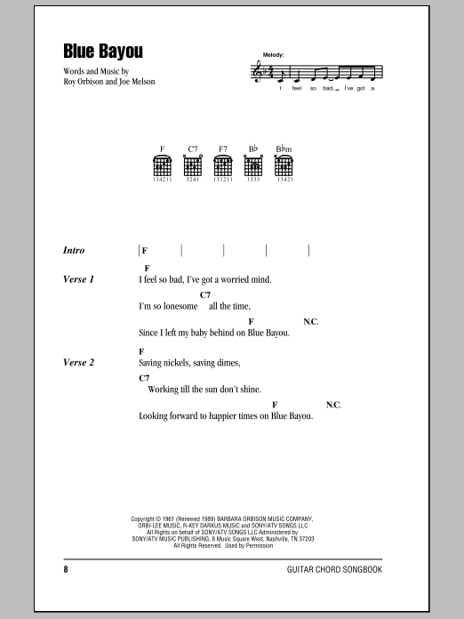 Download Roy Orbison Blue Bayou Sheet Music and learn how to play Ukulele PDF digital score in minutes