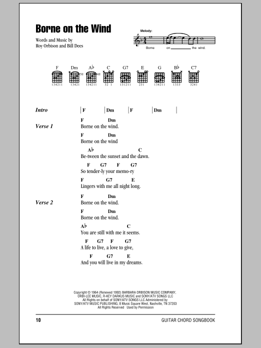 Download Roy Orbison Borne On The Wind Sheet Music and learn how to play Lyrics & Chords PDF digital score in minutes