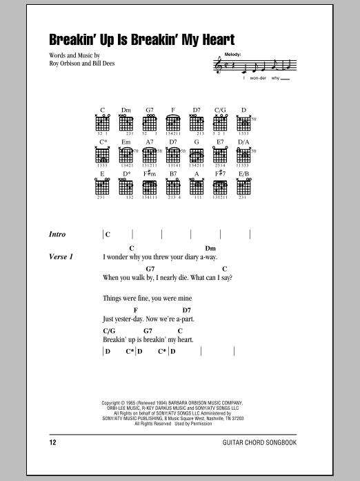 Download Roy Orbison Breakin' Up Is Breakin' My Heart Sheet Music and learn how to play Lyrics & Chords PDF digital score in minutes