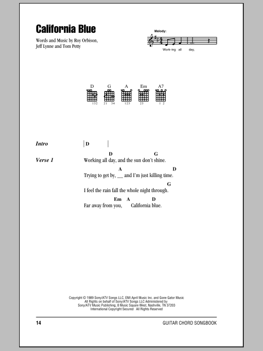 Download Roy Orbison California Blue Sheet Music and learn how to play Guitar Lead Sheet PDF digital score in minutes