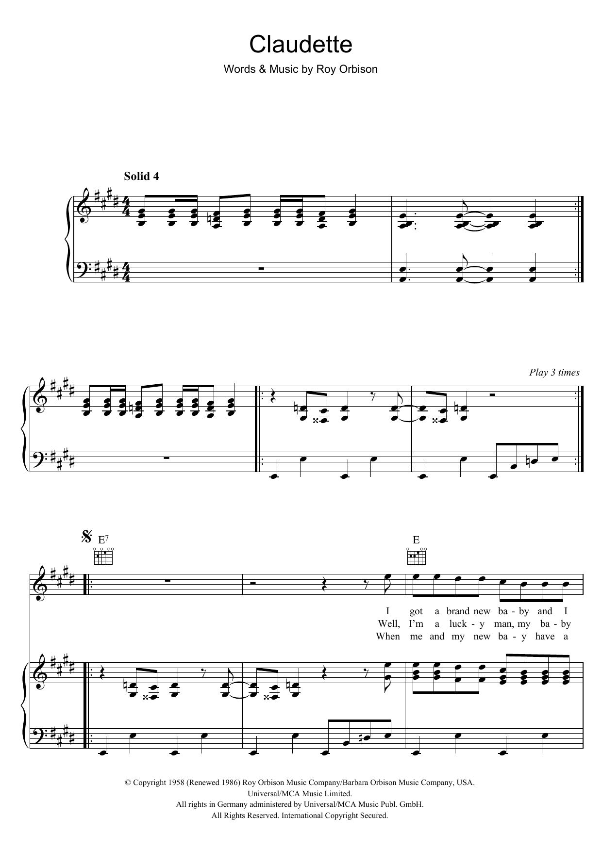 Download Roy Orbison Claudette Sheet Music and learn how to play Piano, Vocal & Guitar (Right-Hand Melody) PDF digital score in minutes