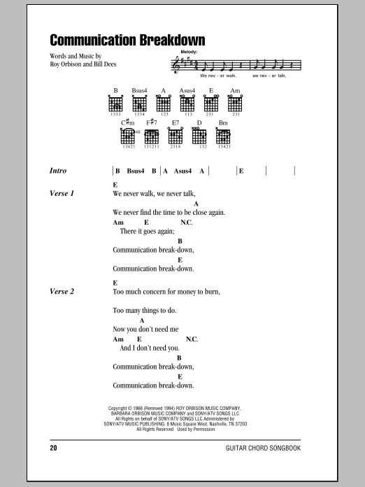 Download Roy Orbison Communication Breakdown Sheet Music and learn how to play Lyrics & Chords PDF digital score in minutes