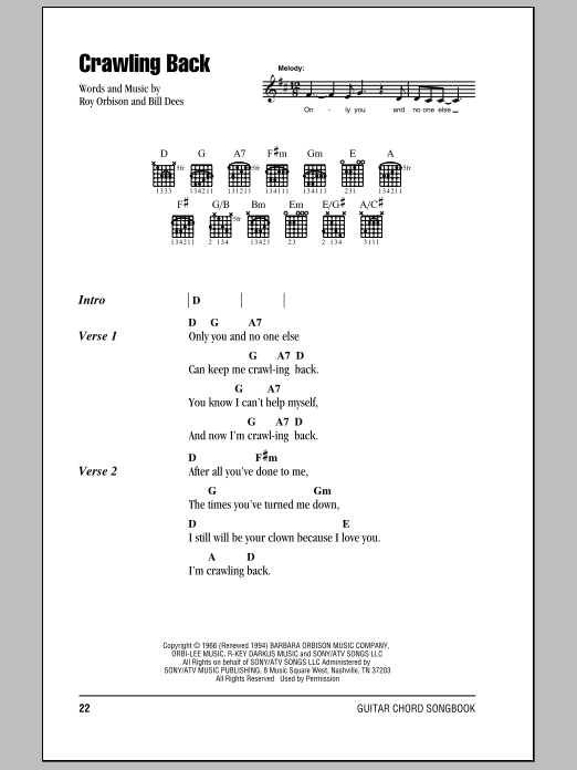 Download Roy Orbison Crawling Back Sheet Music and learn how to play Lyrics & Chords PDF digital score in minutes