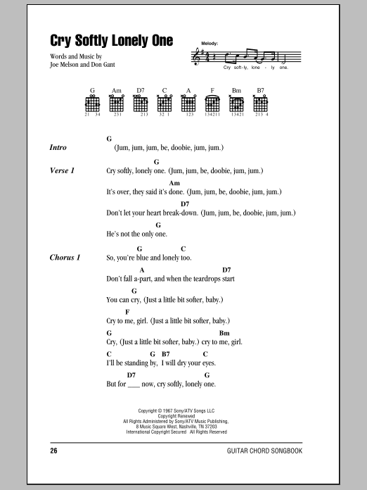 Download Roy Orbison Cry Softly Lonely One Sheet Music and learn how to play Lyrics & Chords PDF digital score in minutes