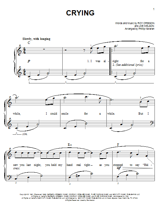 Download Roy Orbison Crying Sheet Music and learn how to play Easy Piano PDF digital score in minutes