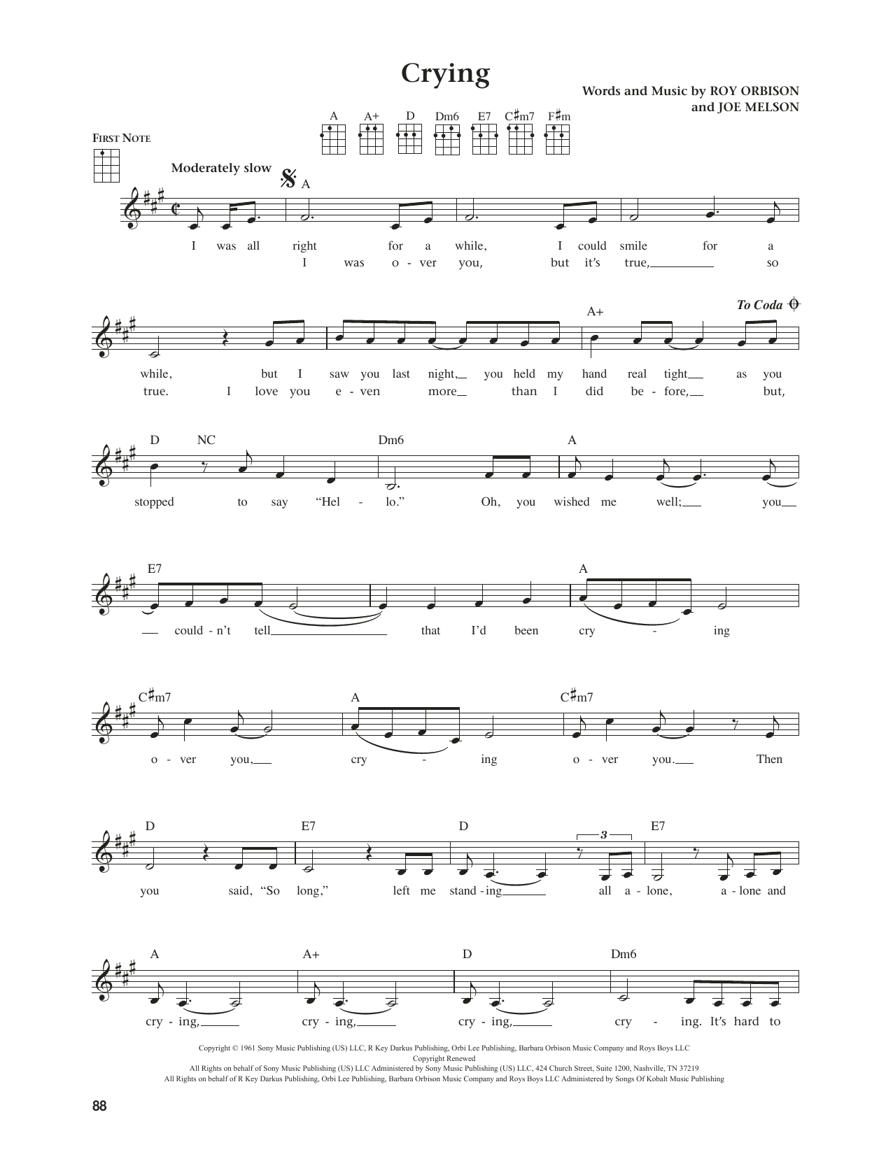 Download Roy Orbison Crying (from The Daily Ukulele) (arr. Jim Beloff) Sheet Music and learn how to play Ukulele PDF digital score in minutes