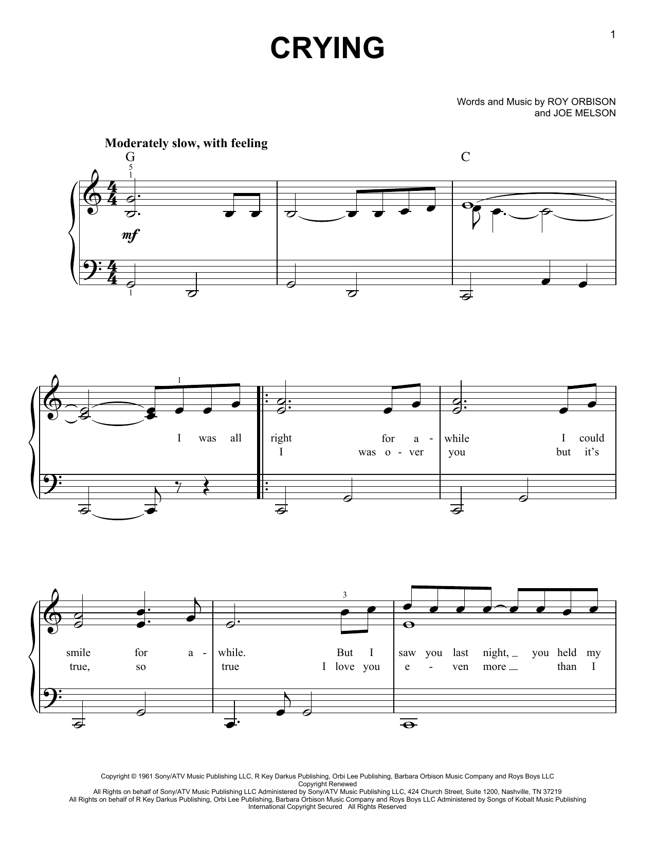 Download Roy Orbison Crying Sheet Music and learn how to play Viola Solo PDF digital score in minutes