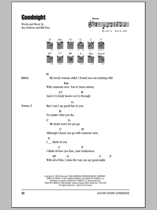 Download Roy Orbison Goodnight Sheet Music and learn how to play Lyrics & Chords PDF digital score in minutes
