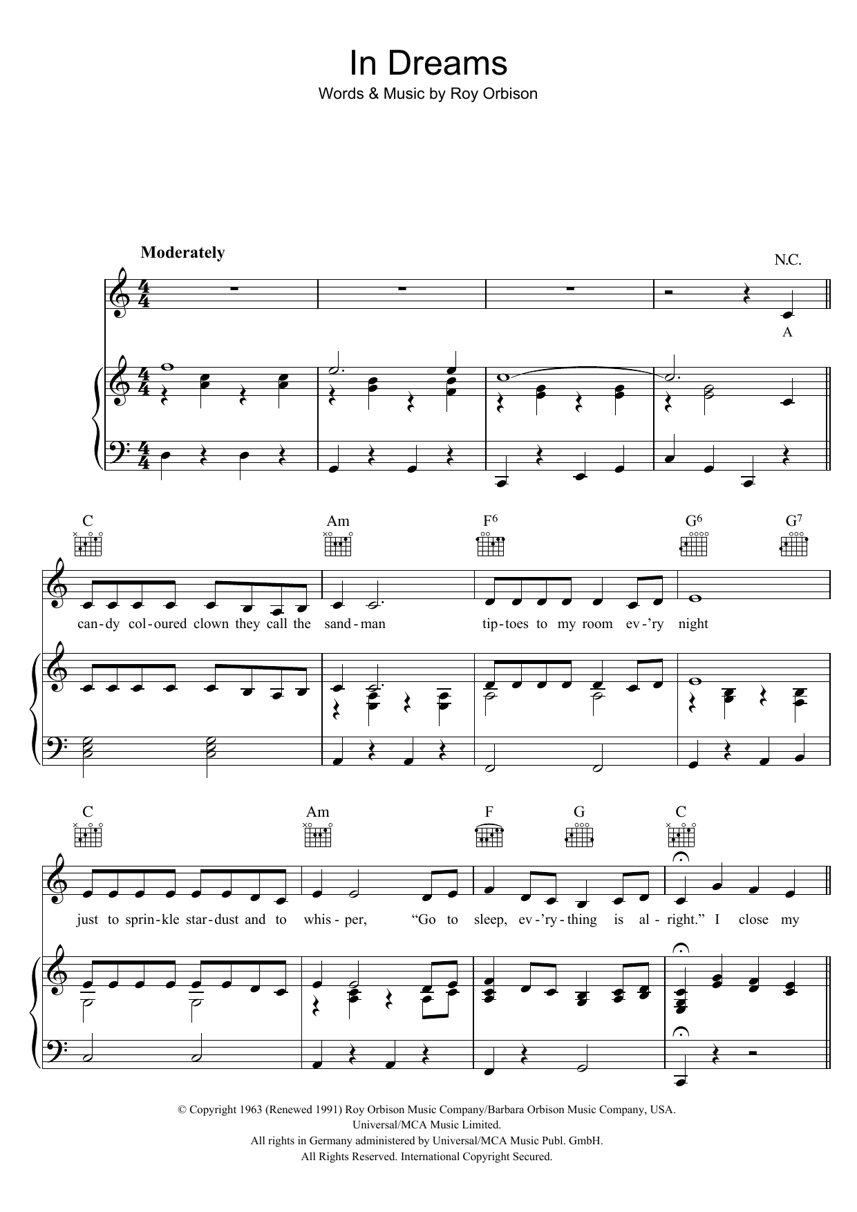 Download Roy Orbison In Dreams Sheet Music and learn how to play Piano, Vocal & Guitar (Right-Hand Melody) PDF digital score in minutes