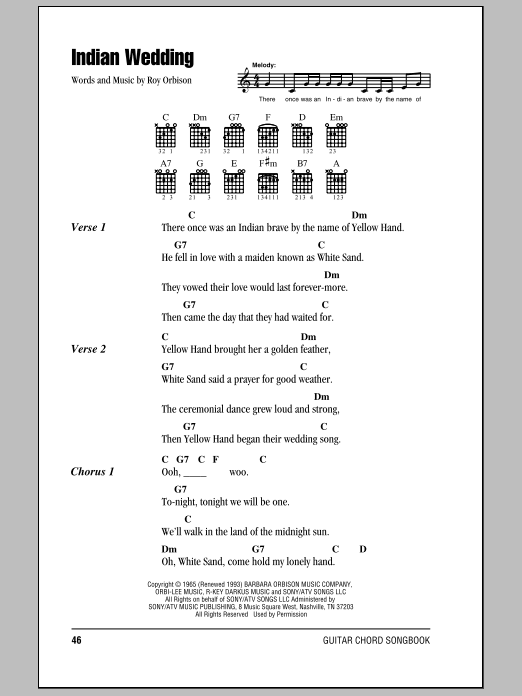 Download Roy Orbison Indian Wedding Sheet Music and learn how to play Lyrics & Chords PDF digital score in minutes