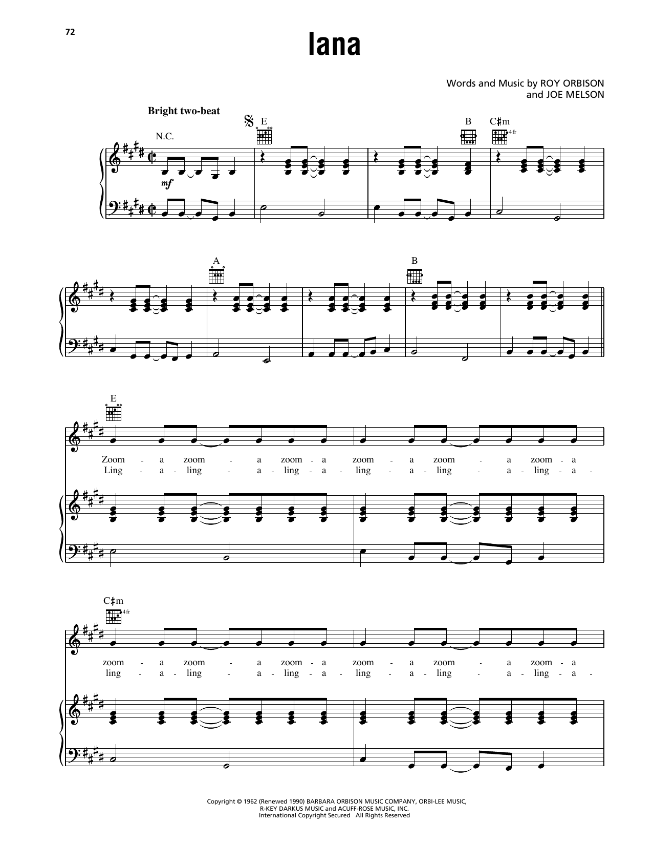 Download Roy Orbison Lana Sheet Music and learn how to play Piano, Vocal & Guitar Chords (Right-Hand Melody) PDF digital score in minutes
