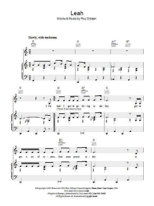 Download Roy Orbison Leah Sheet Music and learn how to play Piano, Vocal & Guitar (Right-Hand Melody) PDF digital score in minutes