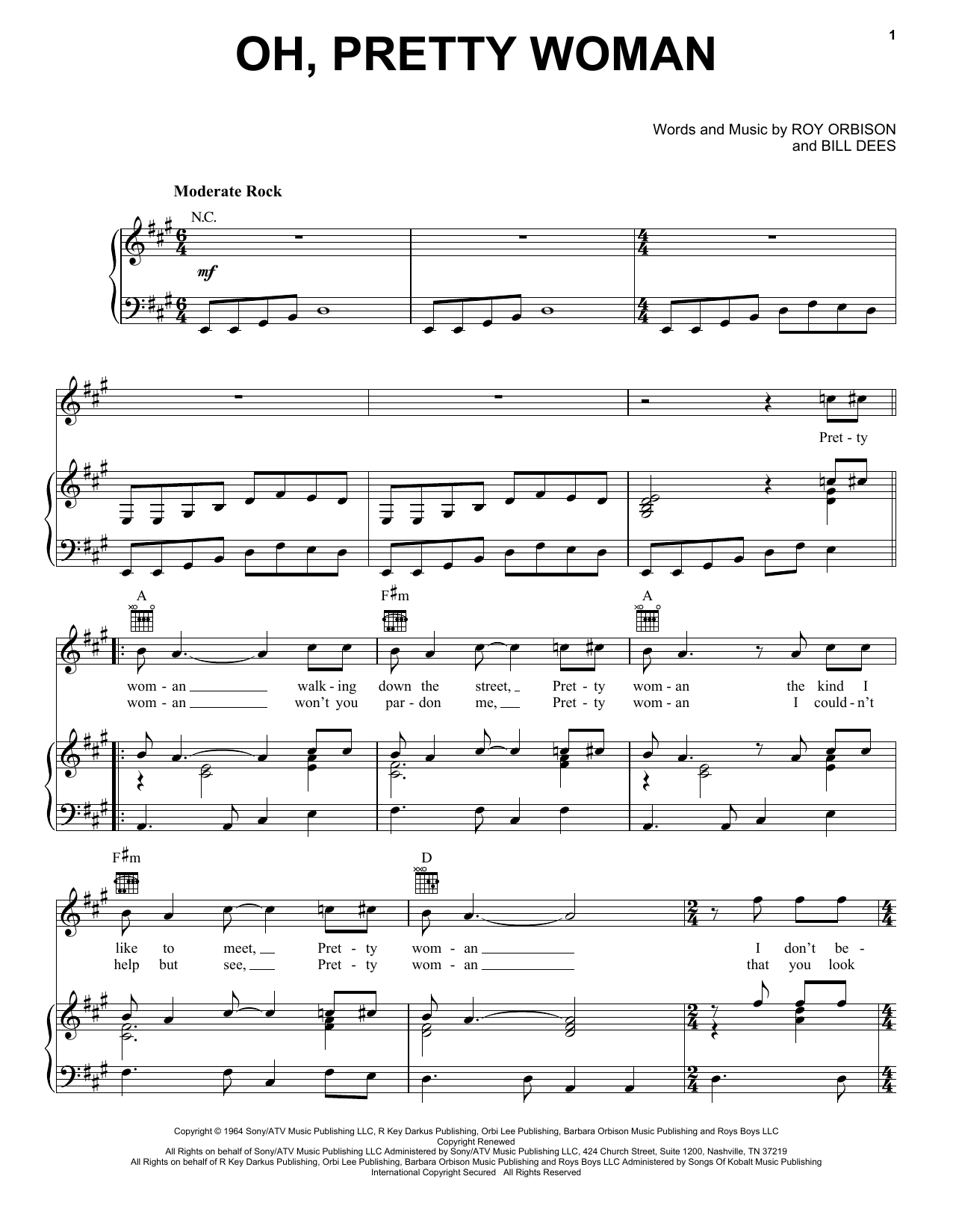 Download Roy Orbison Sheet Music and learn how to play Piano, Vocal & Guitar (Right-Hand Melody) PDF score in minutes