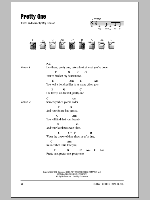 Download Roy Orbison Pretty One Sheet Music and learn how to play Lyrics & Chords PDF digital score in minutes