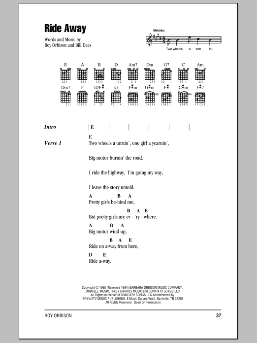 Download Roy Orbison Ride Away Sheet Music and learn how to play Lyrics & Chords PDF digital score in minutes