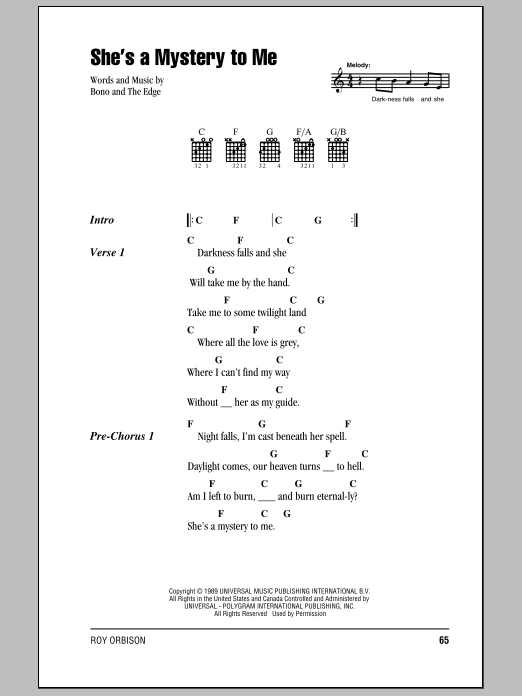Download Roy Orbison She's A Mystery To Me Sheet Music and learn how to play Lyrics & Chords PDF digital score in minutes
