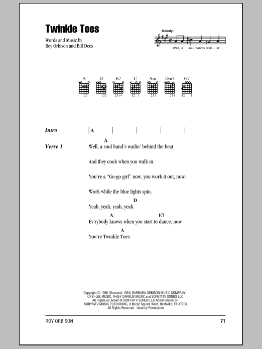 Download Roy Orbison Twinkle Toes Sheet Music and learn how to play Lyrics & Chords PDF digital score in minutes