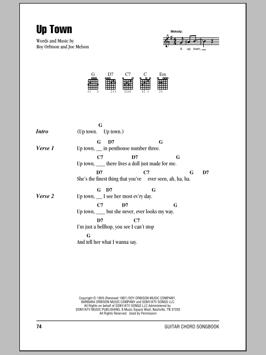 Download Roy Orbison Up Town Sheet Music and learn how to play Lyrics & Chords PDF digital score in minutes